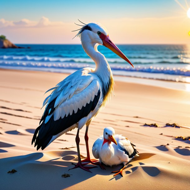 Imagem de um descanso de uma cegonha na praia