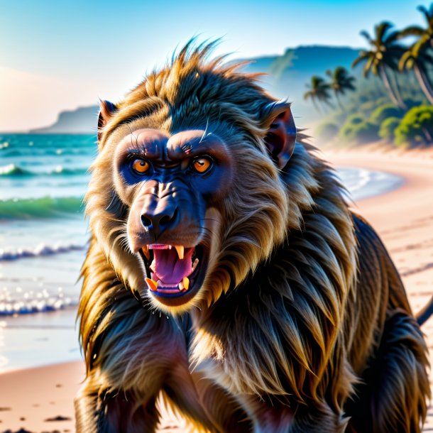 Photo of a angry of a baboon on the beach