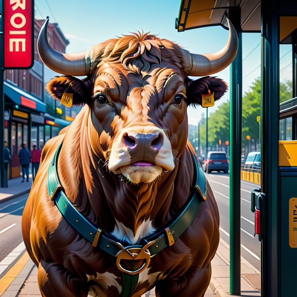 Illustration of a bull in a belt on the bus stop