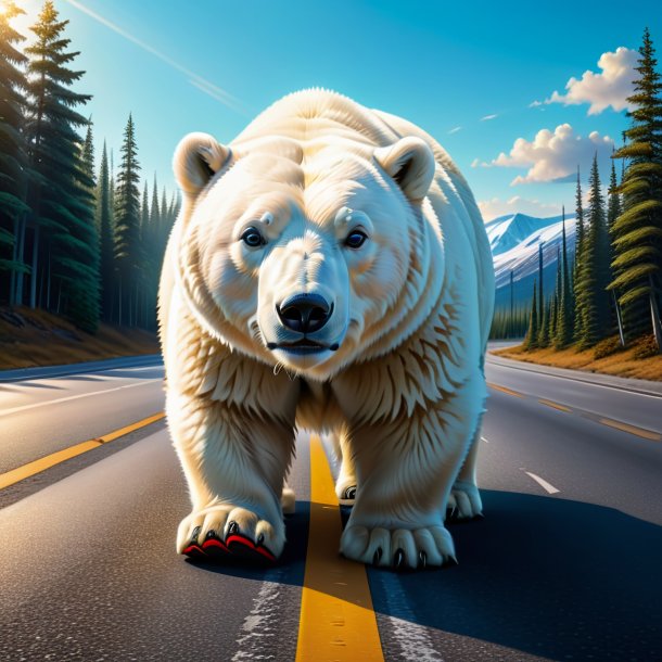 Drawing of a polar bear in a shoes on the road