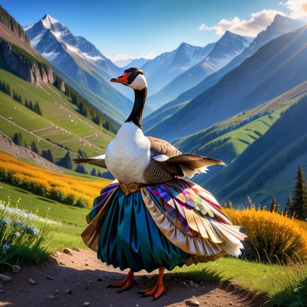 Photo of a goose in a dress in the mountains