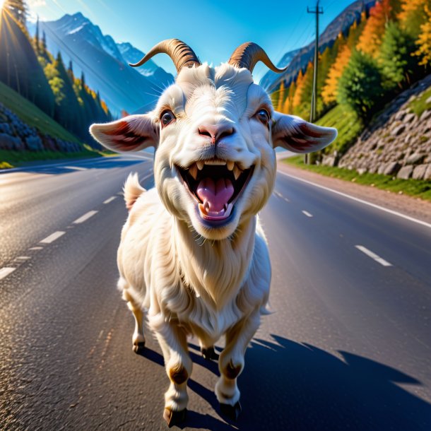 Pic of a smiling of a goat on the road