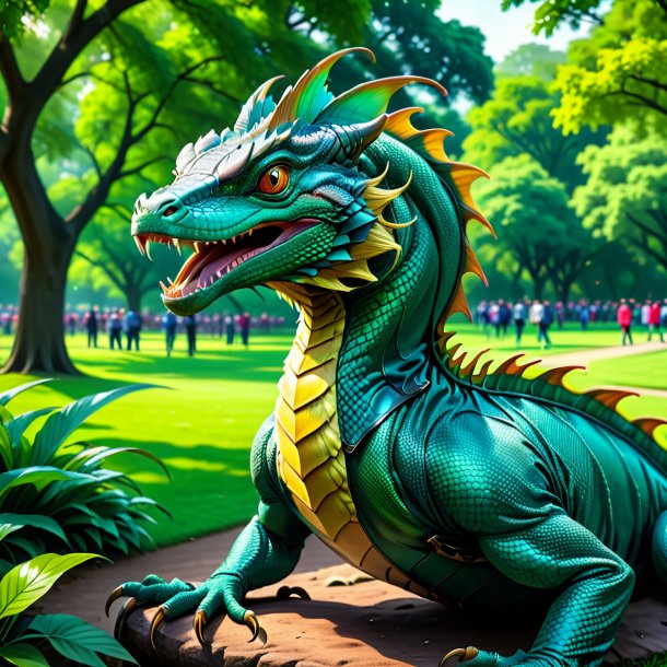 Drawing of a basilisk in a belt in the park