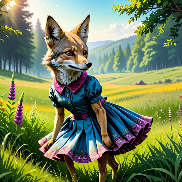 Illustration of a jackal in a skirt in the meadow