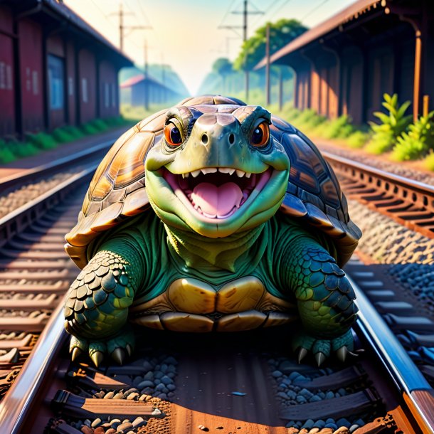 Image of a smiling of a tortoise on the railway tracks