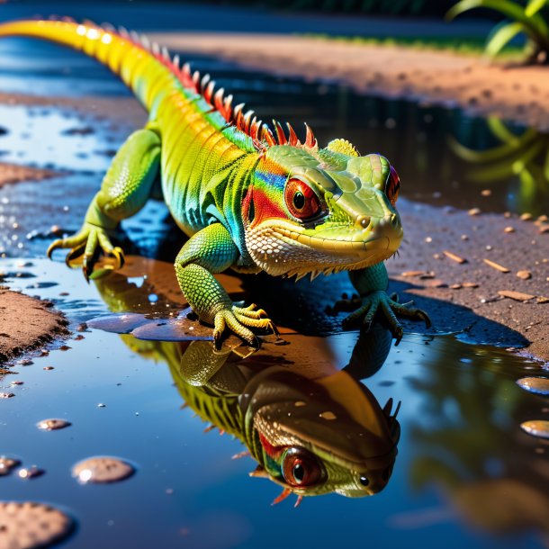 Foto de una amenaza de un lagarto en el charco