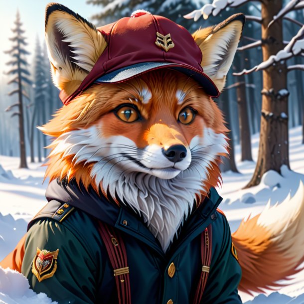 Dessin d'un renard dans une casquette dans la neige