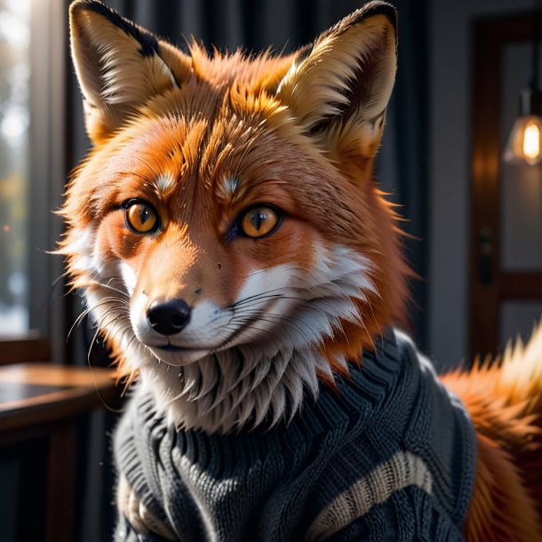 Photo of a fox in a gray sweater