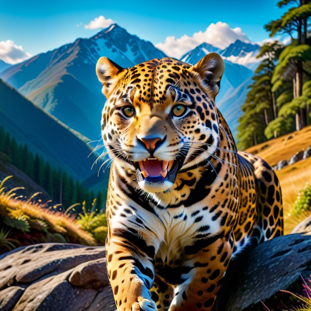 Photo of a smiling of a jaguar in the mountains