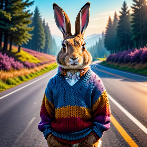 Picture of a hare in a sweater on the road