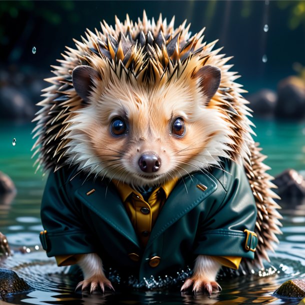 Photo of a hedgehog in a coat in the water