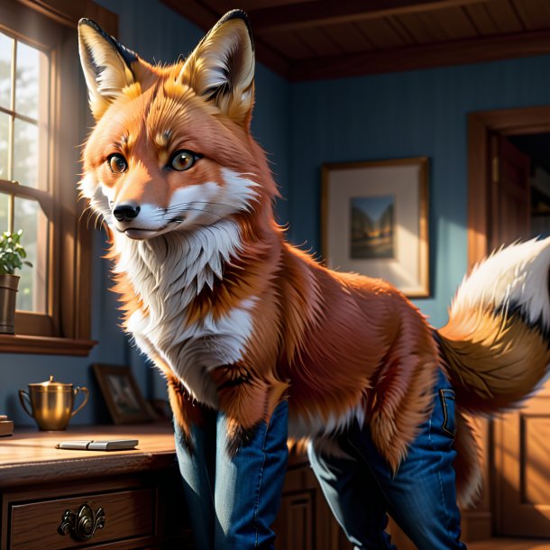 Drawing of a fox in a jeans in the house