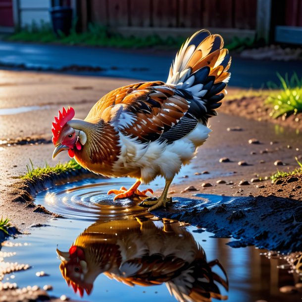 Foto de un trago de una gallina en el charco