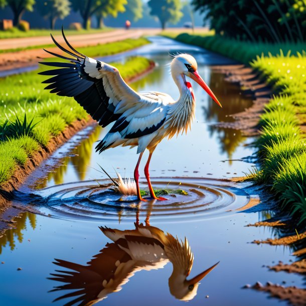 Pic d'une cigogne dans une ceinture dans la flaque