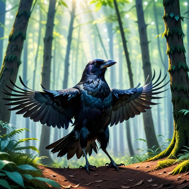 Photo of a dancing of a crow in the forest