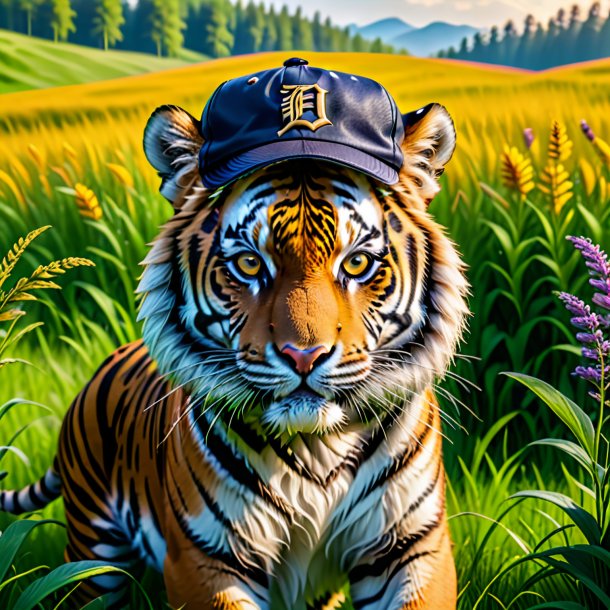 Pic d'un tigre dans une casquette dans la prairie