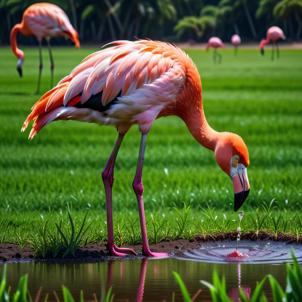 Image of a drinking of a flamingo on the field