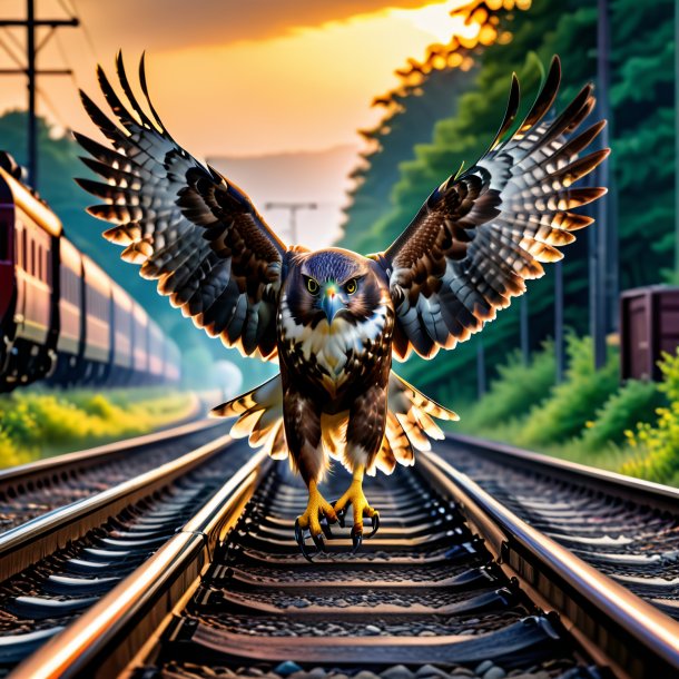 Image of a playing of a hawk on the railway tracks