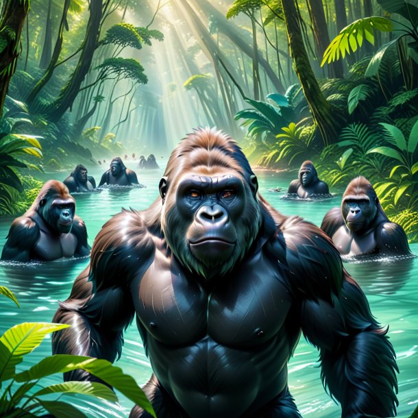 Picture of a swimming of a gorilla in the forest