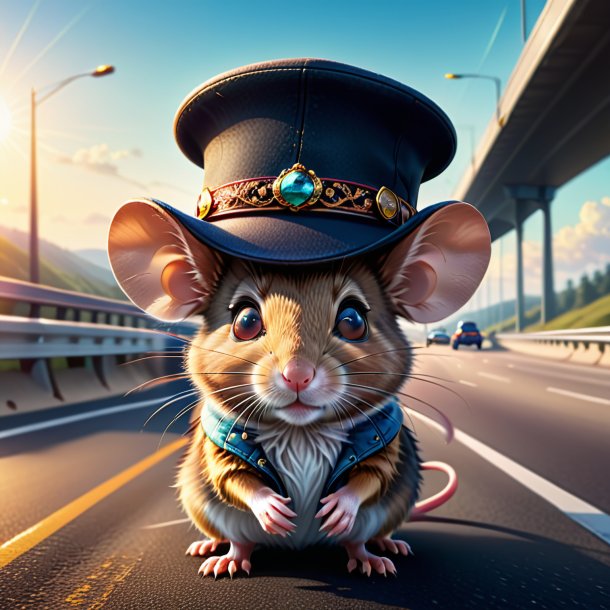 Illustration d'une souris dans un chapeau sur l'autoroute