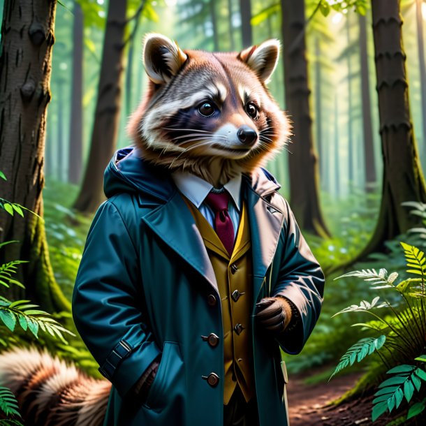 Photo of a raccoon in a coat in the forest