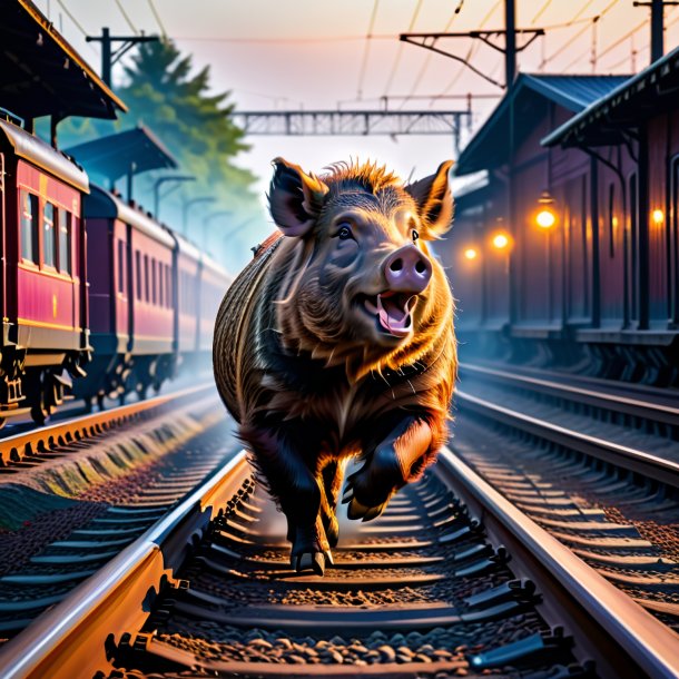 Imagen de un baile de un jabalí en las vías del ferrocarril