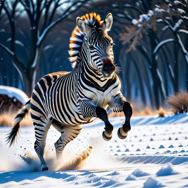 Picture of a jumping of a zebra in the snow