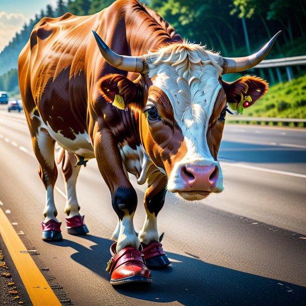 Foto de una vaca en un zapato en la carretera