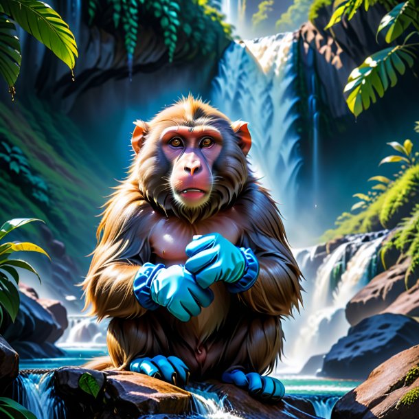 Image of a baboon in a gloves in the waterfall