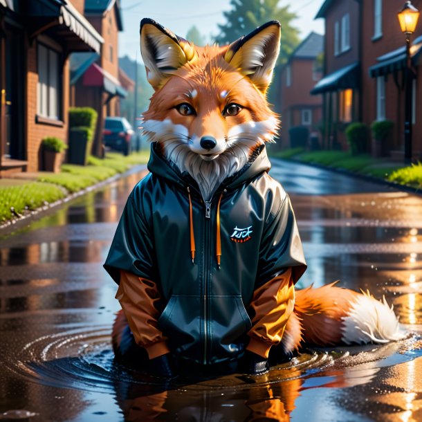 Image of a fox in a hoodie in the puddle