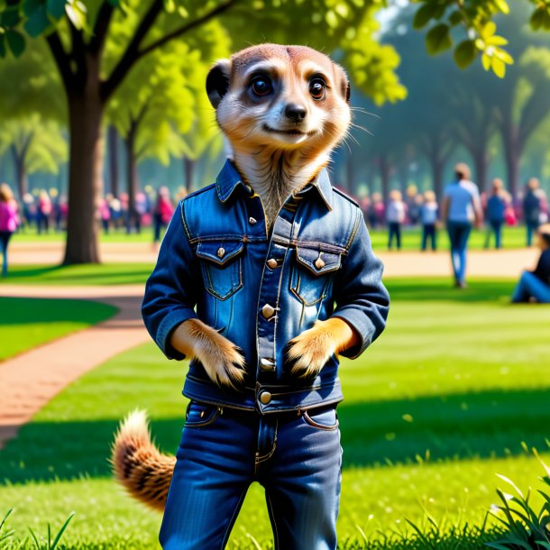 Photo of a meerkat in a jeans in the park