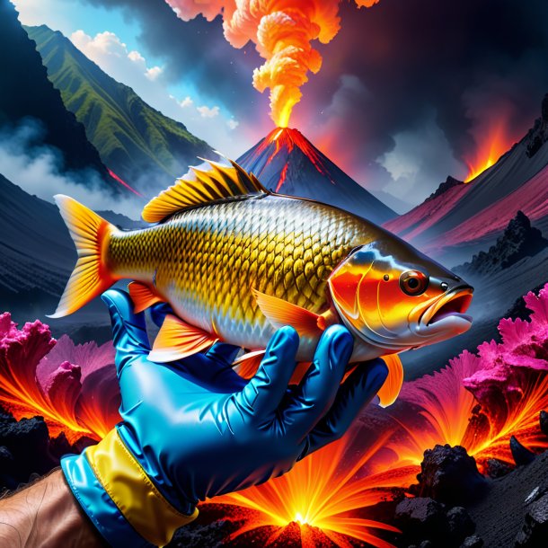 Picture of a carp in a gloves in the volcano