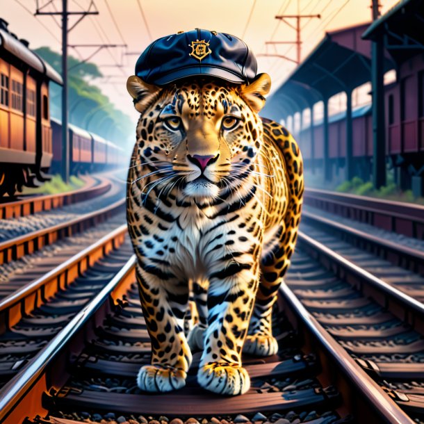 Illustration of a leopard in a cap on the railway tracks