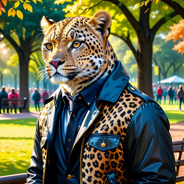 Desenho de um leopardo em uma jaqueta no parque