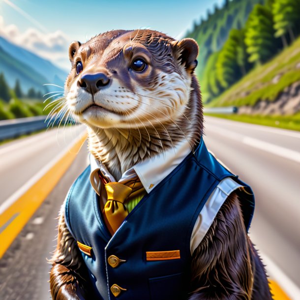 Picture of a otter in a vest on the highway