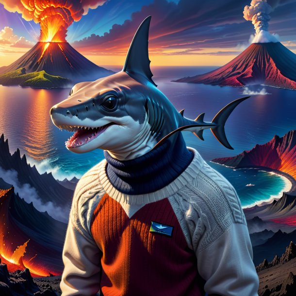 Drawing of a hammerhead shark in a sweater in the volcano