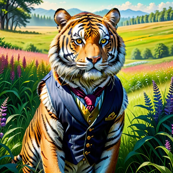 Illustration of a tiger in a vest in the meadow