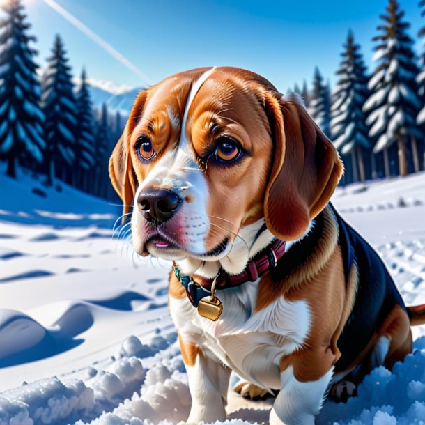 Pic of a crying of a beagle in the snow