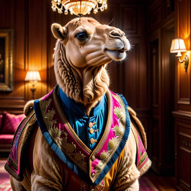 Image of a camel in a vest in the house