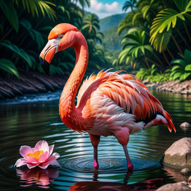 Image of a flamingo in a gloves in the river