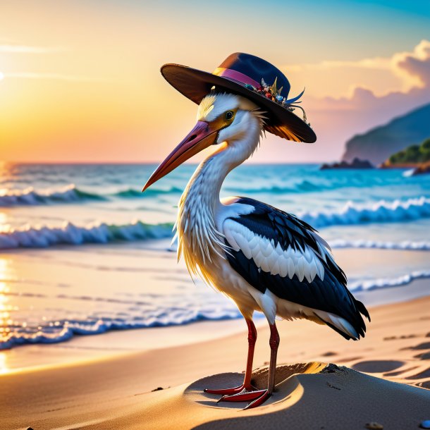 Photo of a stork in a hat on the beach