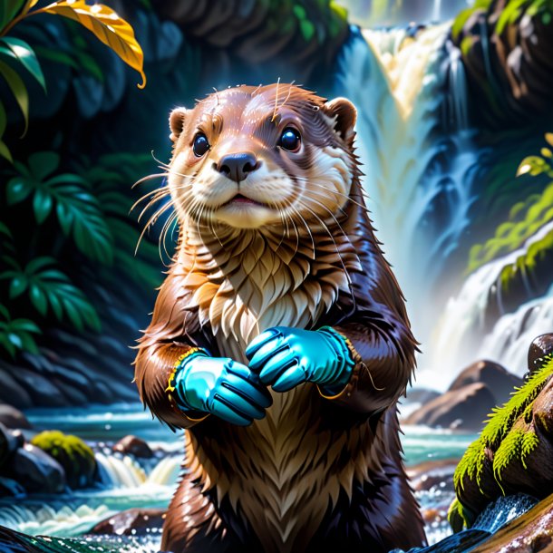 Picture of a otter in a gloves in the waterfall