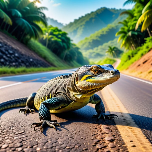 Imagen de un lagarto monitor en un cinturón en el camino