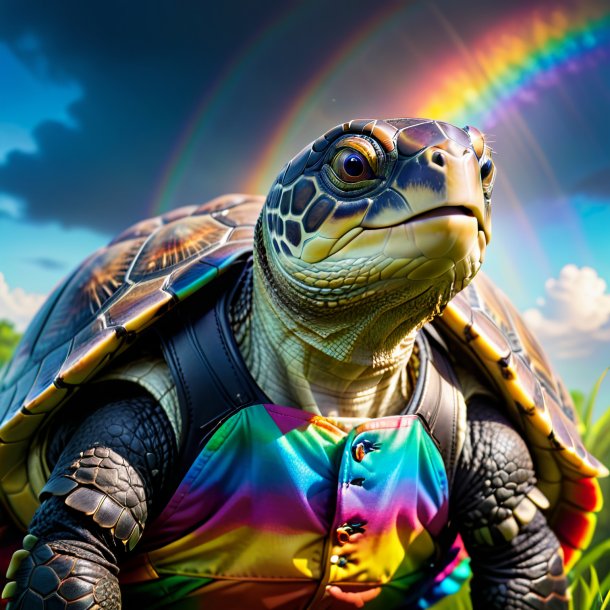 Foto de una tortuga en un chaleco en el arco iris