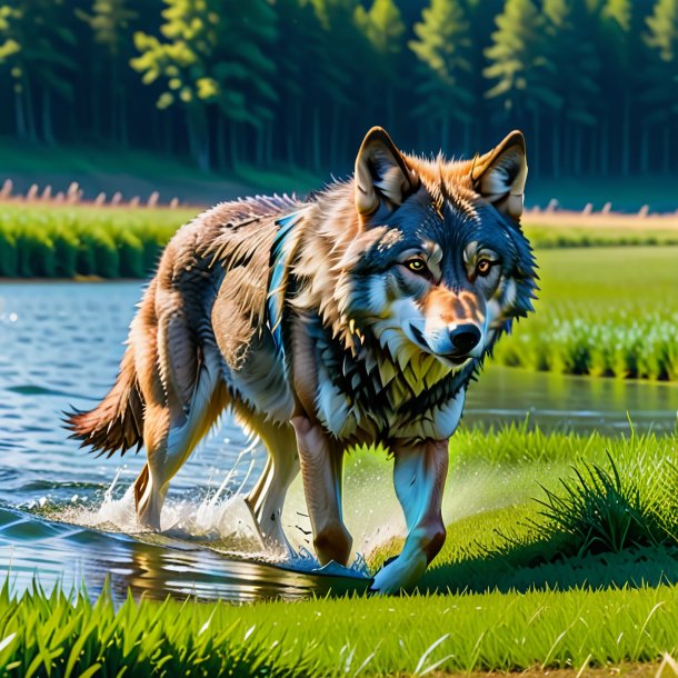 Foto de un lobo nadando en el campo