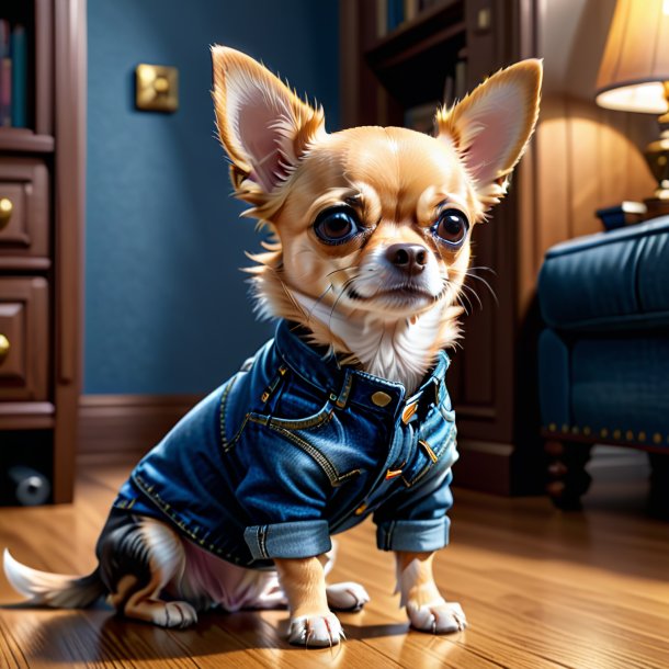 Desenho de um chihuahua em um jeans na casa