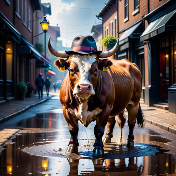 Pic of a bull in a hat in the puddle