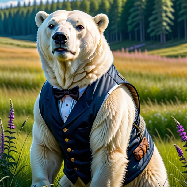 Foto de um urso polar em um colete no prado