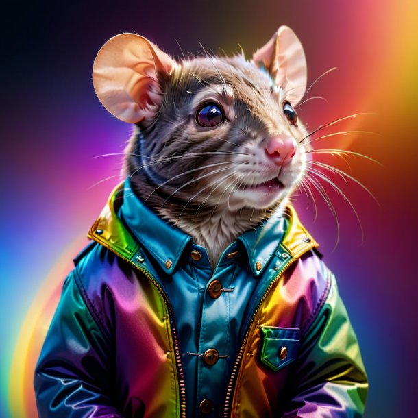 Foto de una rata en una chaqueta en el arco iris