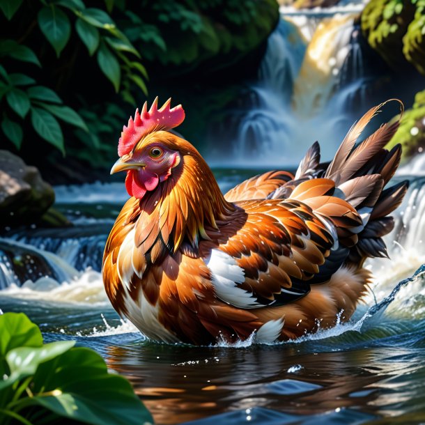 Image of a swimming of a hen in the waterfall